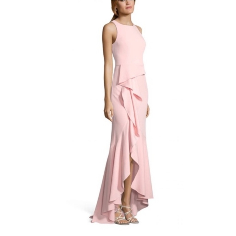 Adrianna Papell Blush Pink Sleeveless Long Knit Crepe Gown Cascade Ruffles sz 14